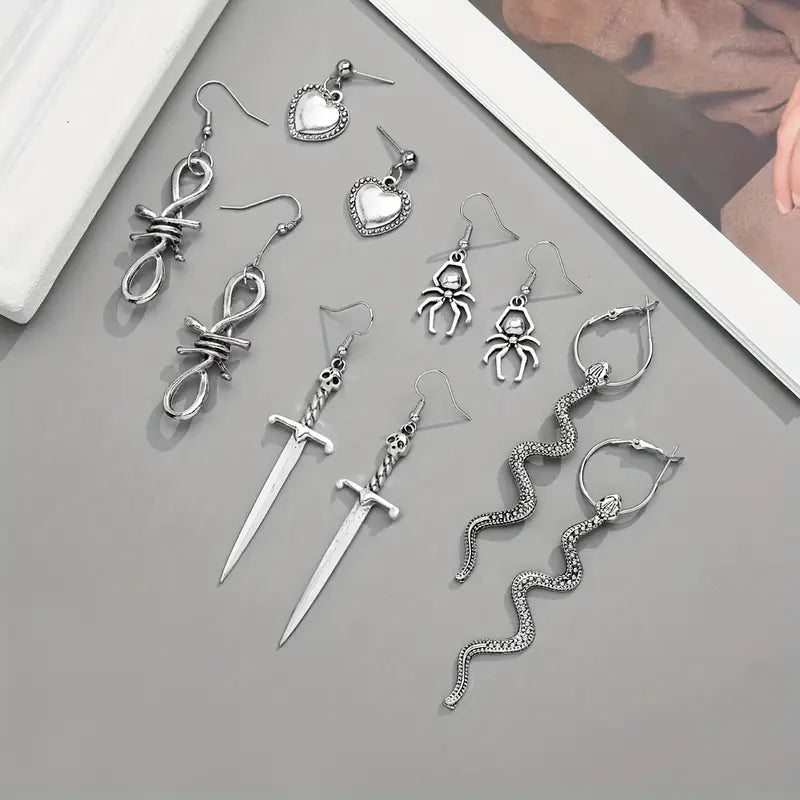 Punk Vintage Ancient Snakes Butterfly Sword Skull Earrings Set 9 Pairs-New Arrivals