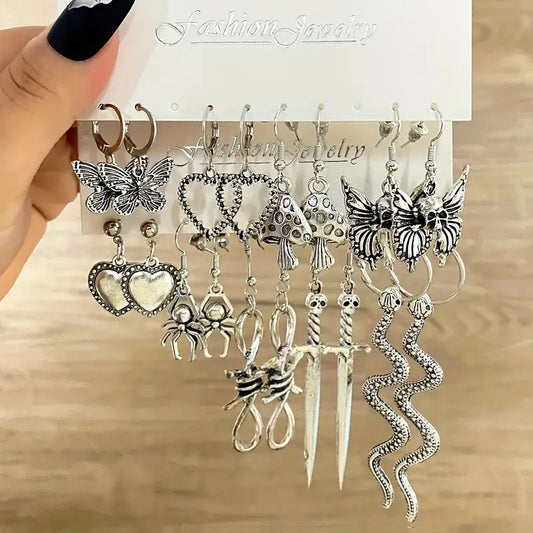 Punk Vintage Ancient Snakes Butterfly Sword Skull Earrings Set 9 Pairs-New Arrivals