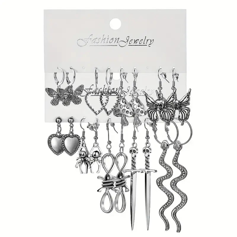 Punk Vintage Ancient Snakes Butterfly Sword Skull Earrings Set 9 Pairs-New Arrivals
