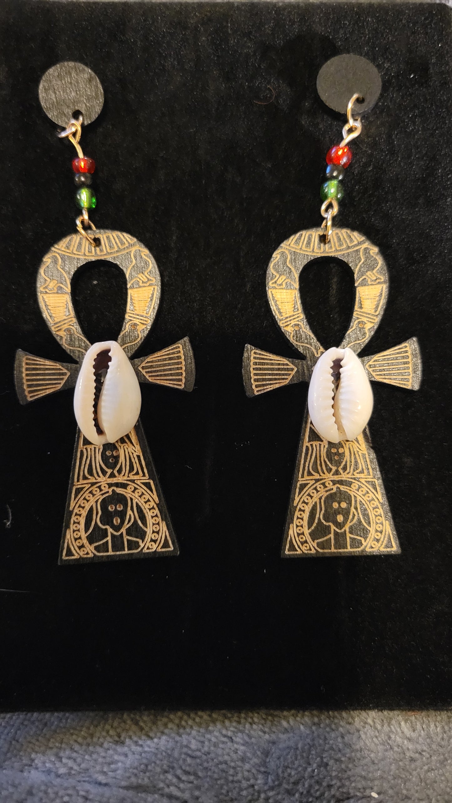 Small hand crafted wood Ankh w Corwy shell - Earrings