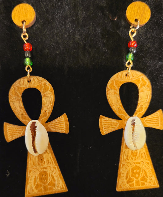 Small hand crafted wood Ankh w Corwy shell - Earrings